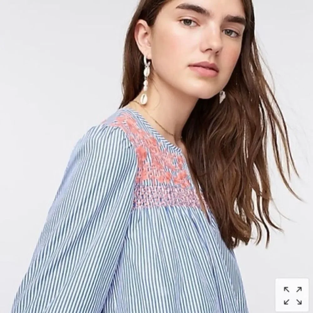 J. Crew Stripe Popover Dress Embroidered Size M Blue